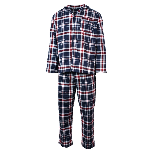 Mens Flannelette Pyjama Set Sleepwear Soft 100% Cotton PJs Two Piece - Navy/Red Check