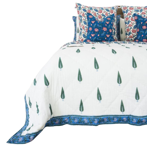 Kolka Kumudani Quilt 100% Cotton Lotus and Pines Print - Queen Size