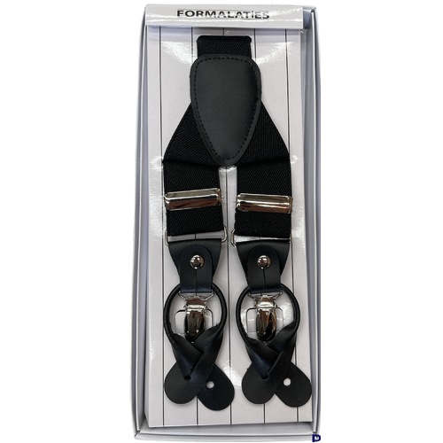 Mens Premium Convertible Suspenders Braces Clip On Elastic Y-Back Traditional Leather Tab - Black