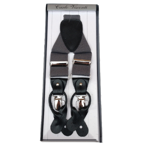 Mens Premium Convertible Suspenders Braces Clip On Elastic Y-Back Traditional Leather Tab - Dark Grey