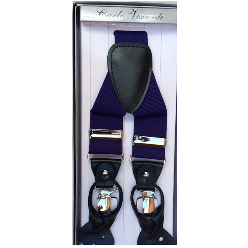 Mens Premium Convertible Suspenders Braces Clip On Elastic Y-Back Traditional Leather Tab - Dark Purple