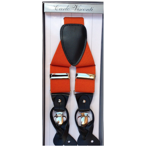 Mens Premium Convertible Suspenders Braces Clip On Elastic Y-Back Traditional Leather Tab - Orange