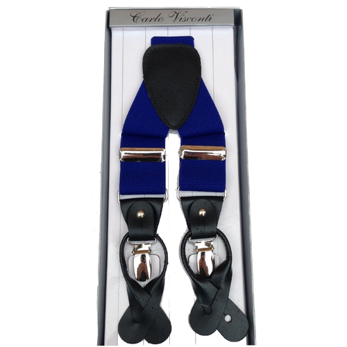 Mens Premium Convertible Suspenders Braces Clip On Elastic Y-Back Traditional Leather Tab - Royal Blue