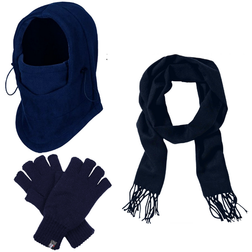 3pc Mens Winter Set Thermal Beanie Mask + Scarf + Thinsulate Knitted Fingerless Gloves