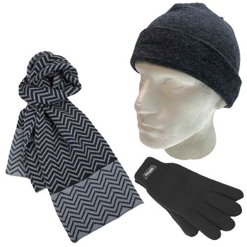 3pc Set Mens Charcoal Fine Knit Beanie Hat Dents Knit Scarf Thinsulate Gloves