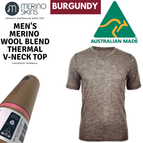 MERINO SKINS Mens Classic V-Neck Tee Wool Thermal T-Shirt Short Sleeve - Burgundy