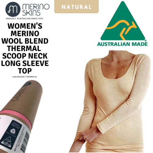 MERINO SKINS Ladies Scoop Neck Long Sleeve Top Thermals - Natural