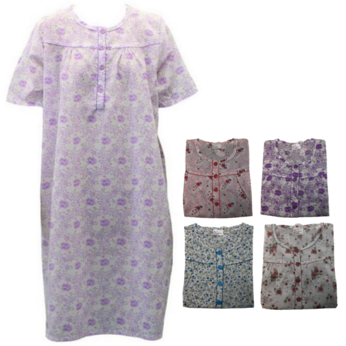 Womens 100% Cotton Short Sleeve Nightie Gown Night Sleepwear Pyjamas PJ Pajamas