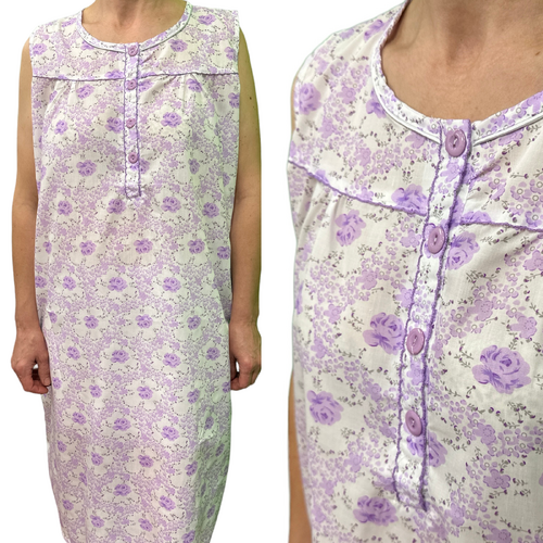 Womens 100% Cotton Sleeveless Nightie Gown Night Dress Pyjamas PJ Pajamas Sleep - Lilac