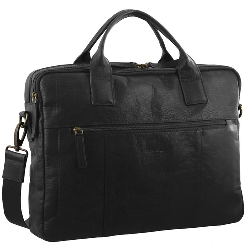 Pierre Cardin Rustic Leather Computer Work Messenger Bag Travel Business - Black