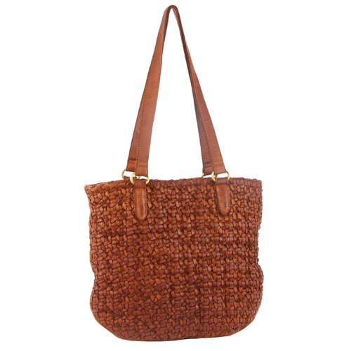 Pierre Cardin Woven Leather Ladies Shoulder Bag Travel Carry - Cognac
