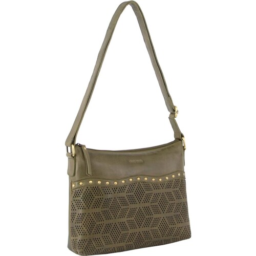 Pierre Cardin Womens Leather Perforated Cross Body Bag w/ Stud Detailing Travel - Olive