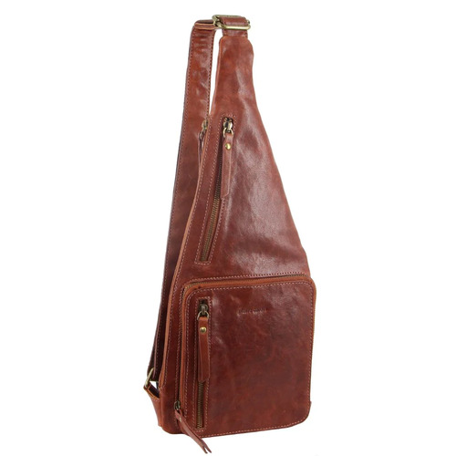 Pierre Cardin Mens Sling Bag Rustic Leather Crossbody Chest Backpack - Chestnut