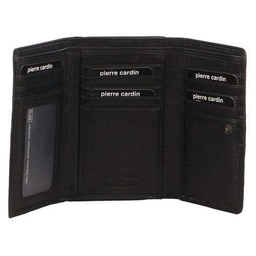 Pierre Cardin Leather Ladies Woven Design Tri-fold RFID Wallet in Black