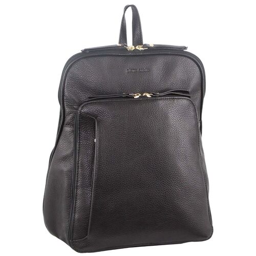 Pierre Cardin Womens Leather Backpack Bag with Pocket Front Multi-Zip - Black