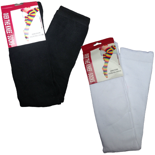 2 Pairs Ladies Over The Knee Socks Plain Black + White High Thigh Long Stockings