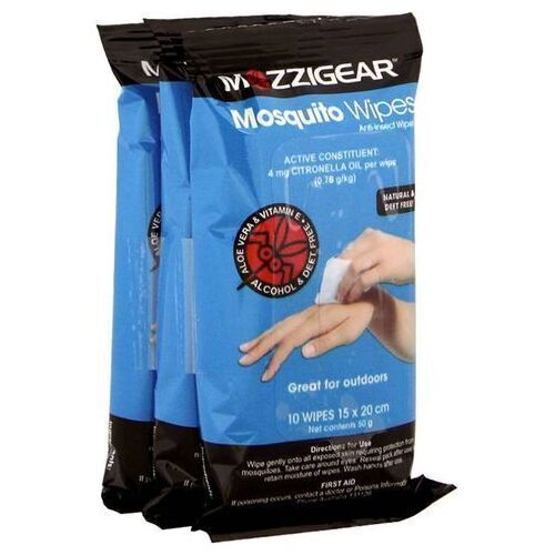 Mozzigear Mosquito Repellent Wipes Camping Hiking Mozzie Rid - 3 Packs Of 10 Wipes