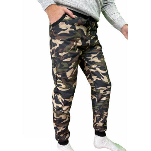 Mens Camouflage Track Pants Fleece Lined Jogger Camo Sweatpants Trackies - Green