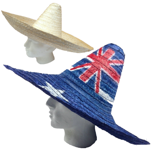 2x Mexican Sombrero Hat Australian Aussie Flag & Beige Design Costume Party Hat