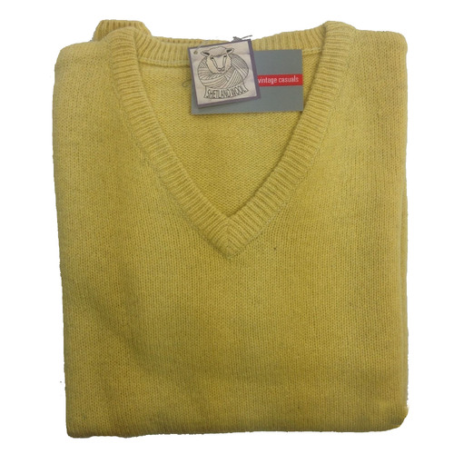 100% SHETLAND WOOL V Neck Knit JUMPER Pullover Mens Sweater Knitted S-XXL - Mustard (14) - M