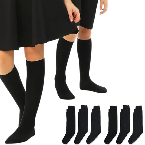 6x Pairs School Uniform Knee High Socks Cotton Rich Girls Boys Kids Bulk - Black