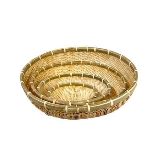 Round Bamboo Bowl Basket Serving Dishware Natural Wood - Set of 4