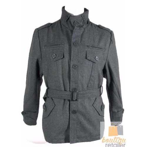 Mens MILITARY STYLE JACKET Wool Blend Trench Coat - Charcoal Marle - XL