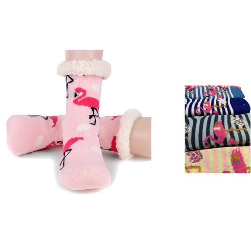 3 Pairs Ladies Thick Fur Bed Socks Womens Sherpa Fluffy Non Slip - Flamingo
