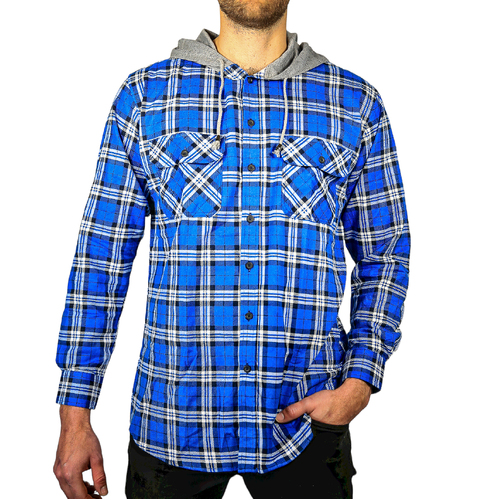 Mens Cotton Flannelette Shirt w Jersey Hood Long Sleeve Flannel - Spanish Blue