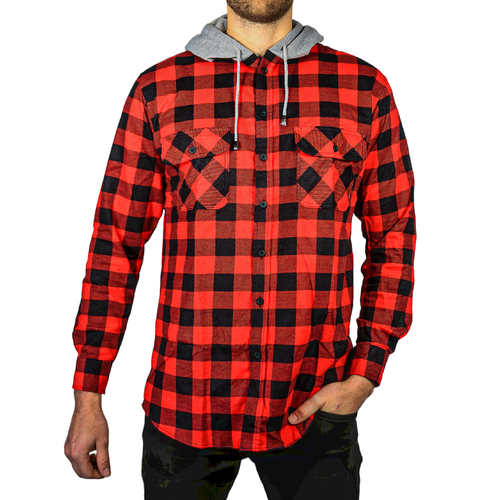 Mens Cotton Flannelette Shirt w Jersey Hood Long Sleeve Flannel - Red/Black