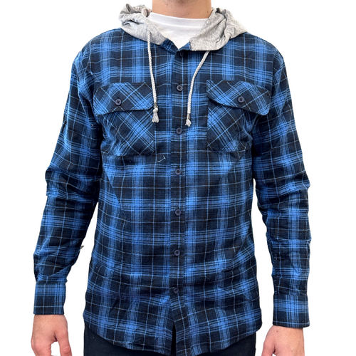 Mens Cotton Flannelette Shirt w Jersey Hood Long Sleeve Flannel - Blue