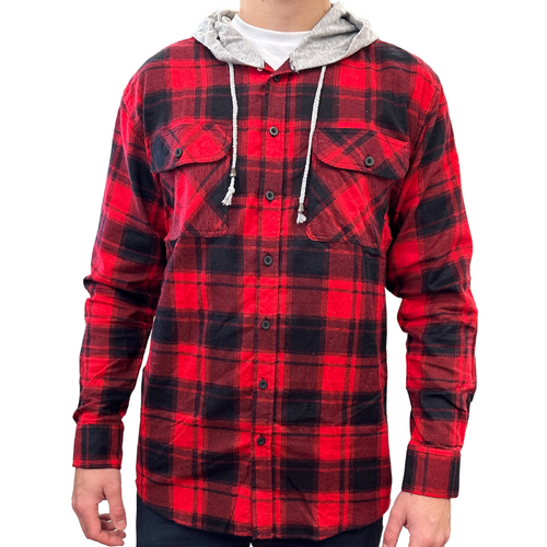 Mens Cotton Flannelette Shirt w Jersey Hood Long Sleeve Flannel - Red