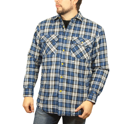 Jacksmith Quilted Flannelette Shirt Mens Jacket 100% Cotton Padded Warm Winter Flannel - Navy/Light Blue