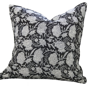 Kolka Black Floral Cotton Voile Decorative Cushion Cover - Black