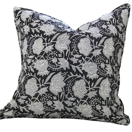 1x Kolka Black Floral Lounge Decorative Cushion Soft Cotton Cover - Black