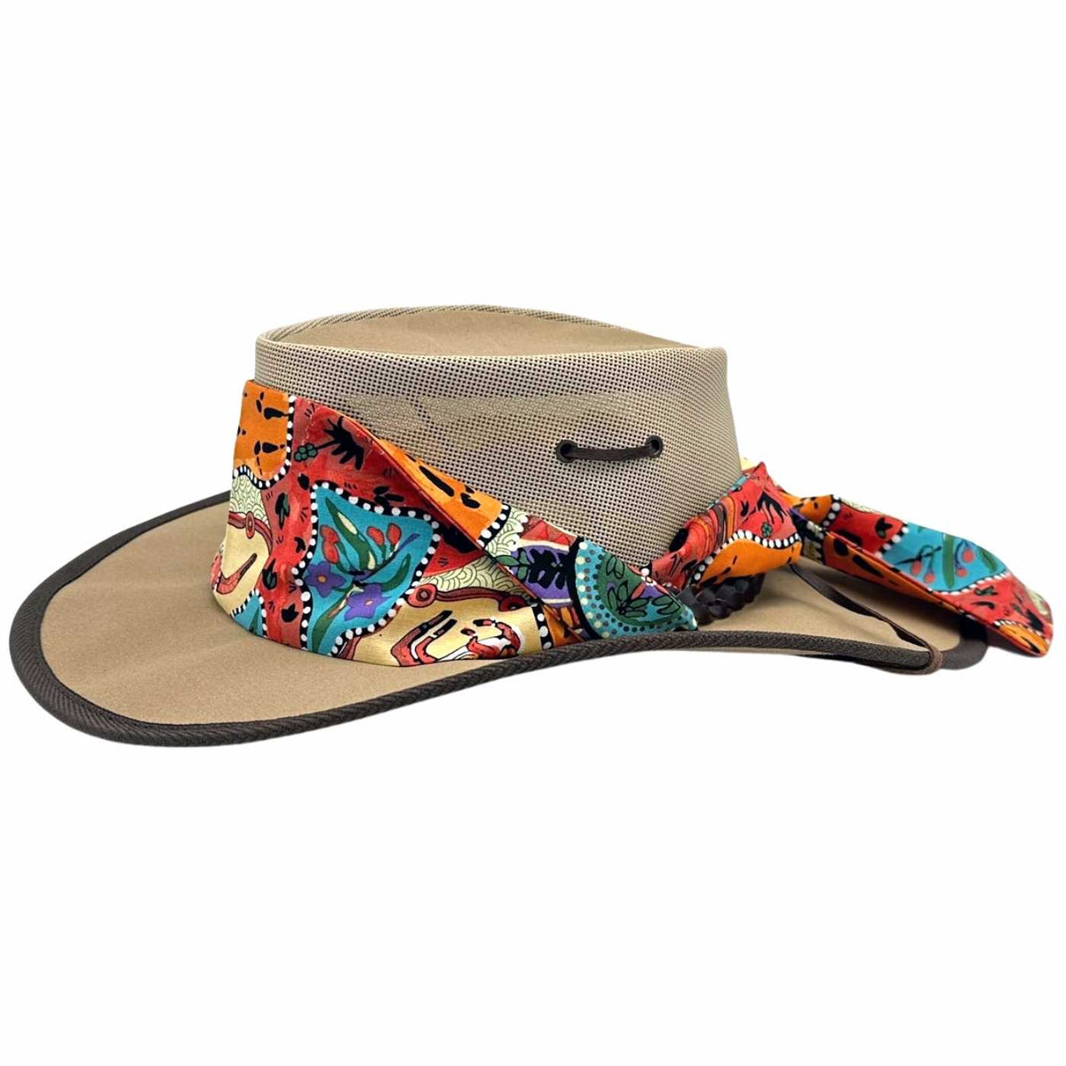 Jacaru 104A Womens Camper Canvas Breeze Hat - Mesh Crown Chin Strap & Aboriginal Print Scarf (Made in Australia) - Beige