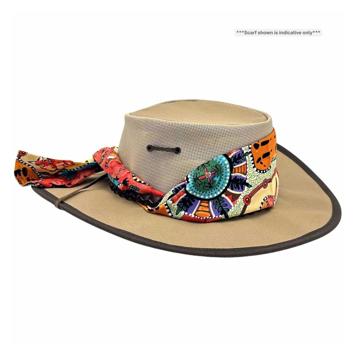 Jacaru 104A Womens Camper Canvas Breeze Hat - Mesh Crown Chin Strap & Aboriginal Print Scarf (Made in Australia)