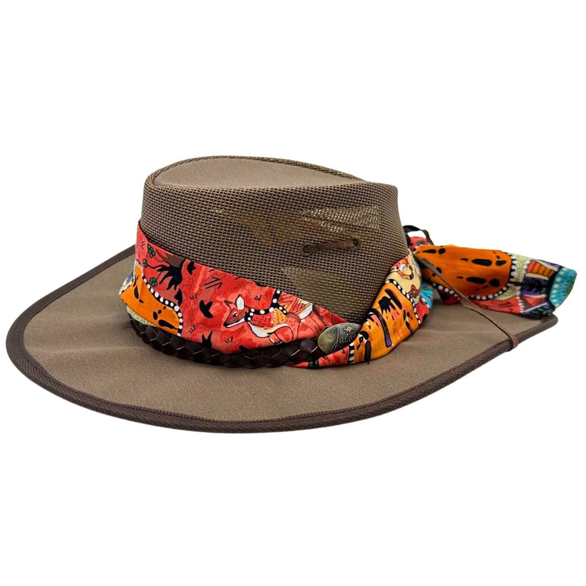 Jacaru 104A Womens Camper Canvas Breeze Hat - Mesh Crown Chin Strap & Aboriginal Print Scarf (Made in Australia) - Brown