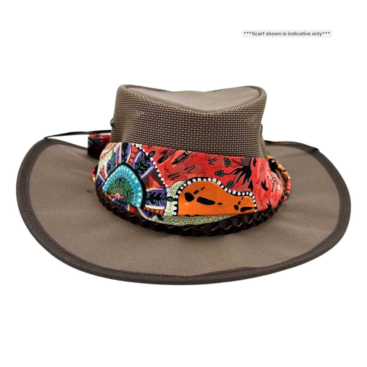 Jacaru 104A Womens Camper Canvas Breeze Hat - Mesh Crown Chin Strap & Aboriginal Print Scarf (Made in Australia)