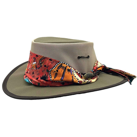 Jacaru 104A Womens Camper Canvas Breeze Hat - Mesh Crown Chin Strap & Aboriginal Print Scarf (Made in Australia) - Khaki