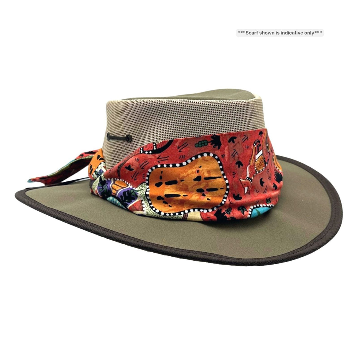 Jacaru 104A Womens Camper Canvas Breeze Hat - Mesh Crown Chin Strap & Aboriginal Print Scarf (Made in Australia)