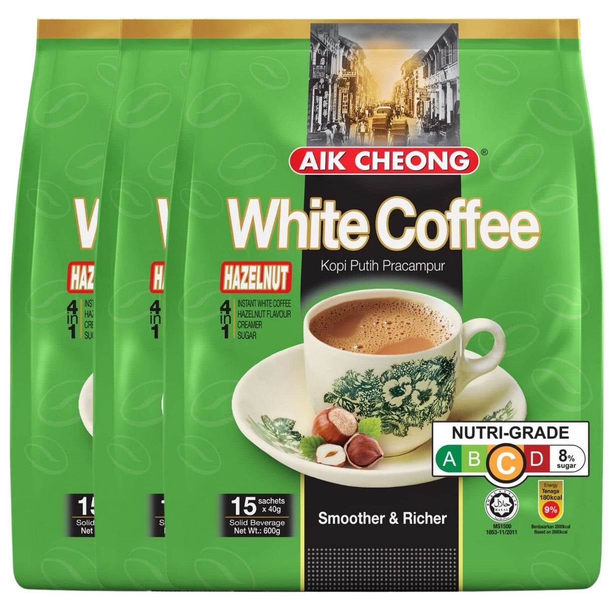 3x Aik Cheong White Instant Coffee Packs (45x 40g Sachets) - Hazelnut Flavour (1.8kg Total) Bulk