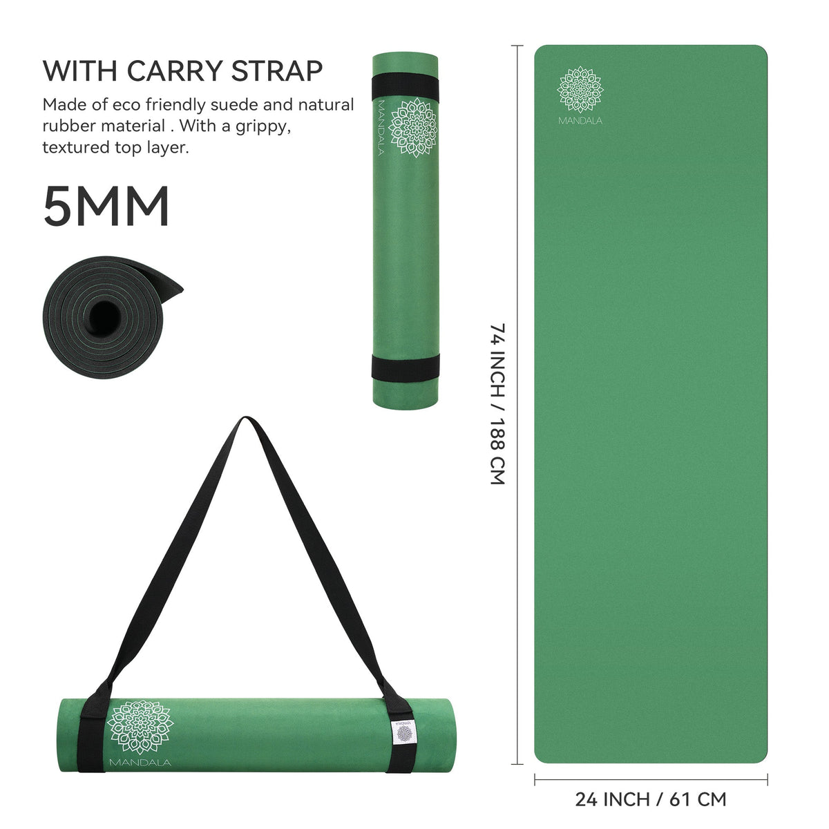 Mandala Premium Yoga Mat Set - Jade Green (5mm Vegan Suede Mat, Adjustable Strap & Stainless Steel Water Bottle)