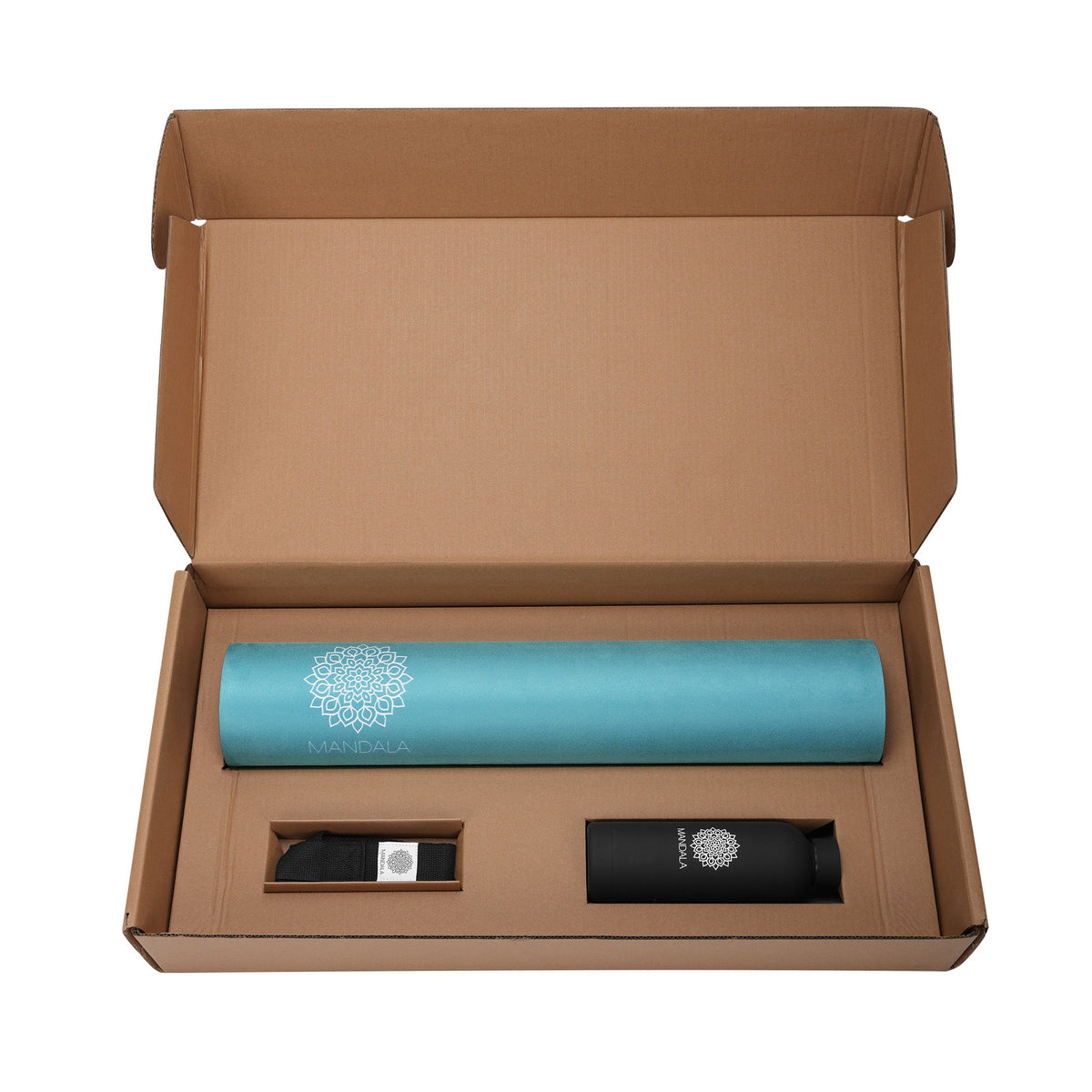 Mandala Premium Yoga Mat Set - Teal (5mm Vegan Suede Mat, Adjustable Strap & Stainless Steel Water Bottle)