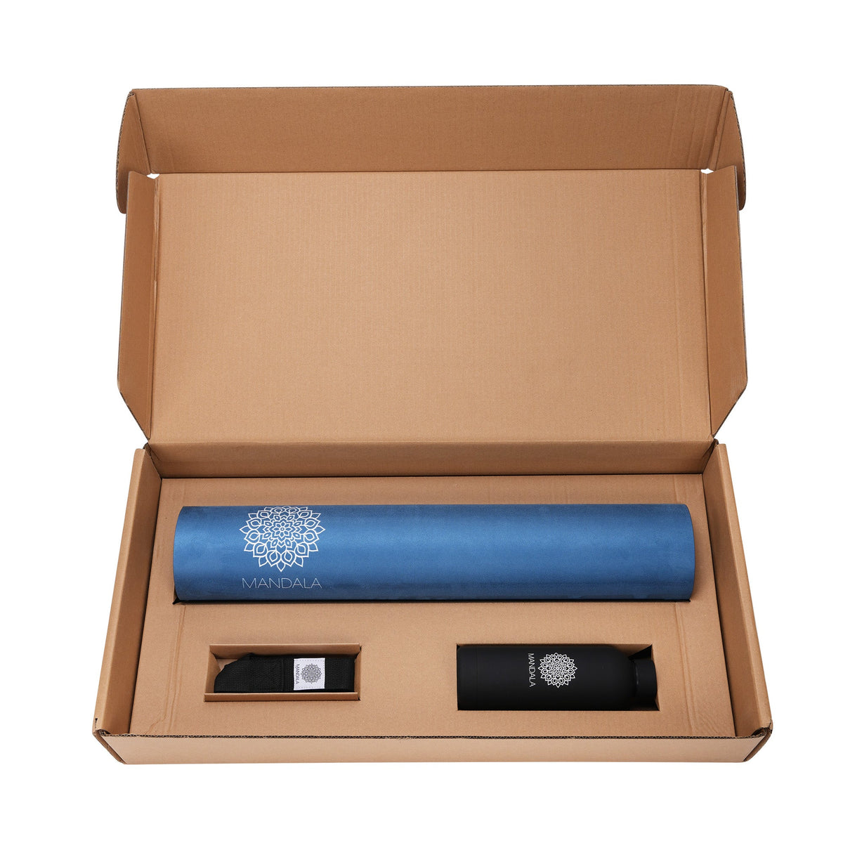Mandala Premium Yoga Mat Set - Midnight Blue (5mm Vegan Suede Mat, Adjustable Strap & Stainless Steel Water Bottle)