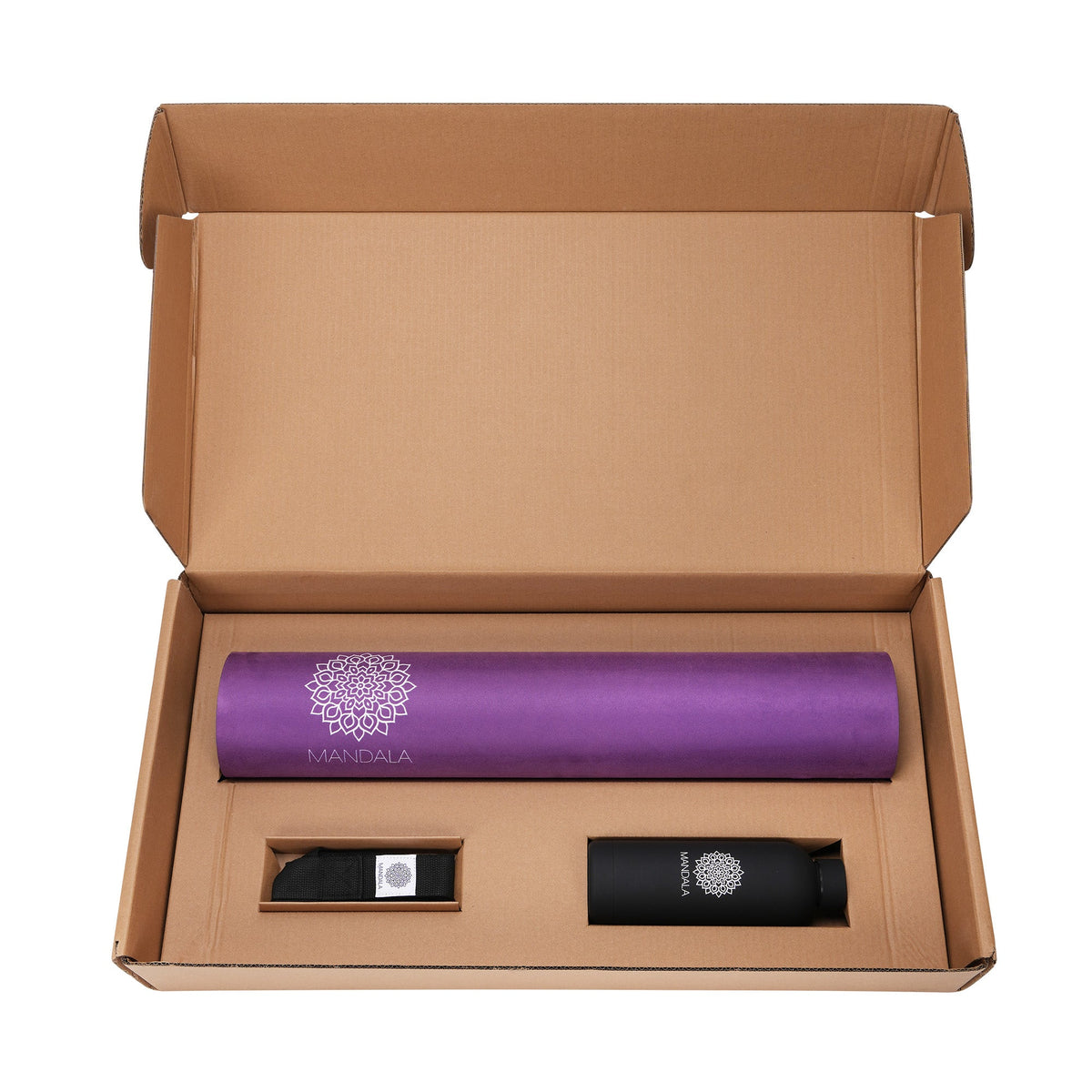 Mandala Premium Yoga Mat Set - Purple (5mm Vegan Suede Mat, Adjustable Strap & Stainless Steel Water Bottle)