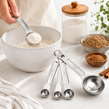 4x Stainless Steel Measuring Spoon Set with Ring Holder