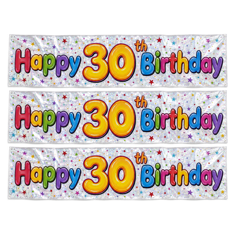 3x 2.6m Happy 30th Birthday Party Banner Pack - Sparkling Holographic Finish