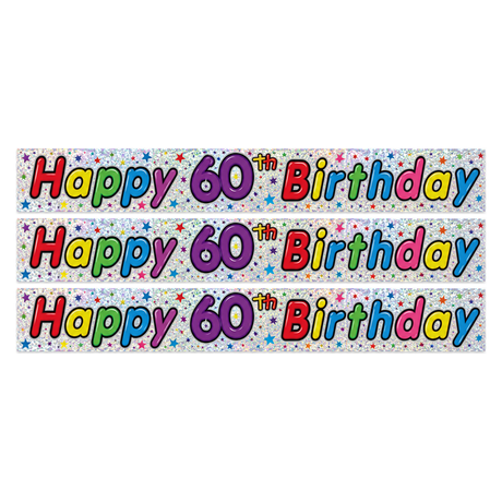 3x 2.6m Happy 60th Birthday Party Banner Pack - Sparkling Holographic Finish