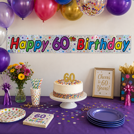 2x 2.6m Happy 60th Birthday Party Banner Pack - Sparkling Holographic Finish